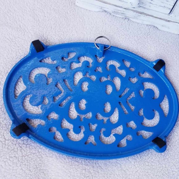 Blue Trivet Oval Cast Iron Metal Wall Table Kitchen Home Decor Vintage Design - Picture 5 of 15